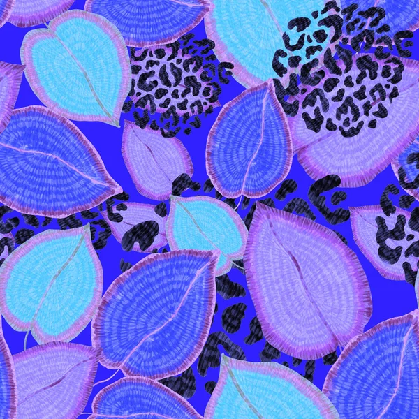 Nowoczesny Abstrakcyjny Wzór Kreatywnymi Kolorowymi Liśćmi Tropikalnymi Plamami Lamparta Retro — Zdjęcie stockowe