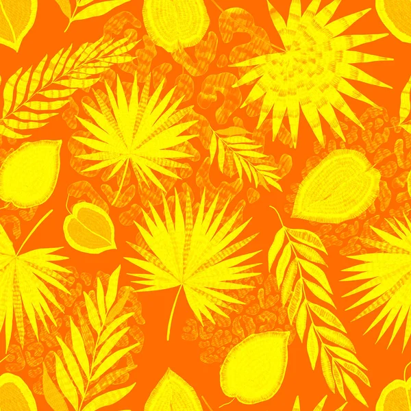 創造的なカラフルな熱帯の葉やヒョウのスポットと現代抽象的なシームレスなパターン レトロな明るい夏の背景 ジャングルの葉のイラスト 水着植物デザイン ヴィンテージエキゾチックな Print — ストック写真