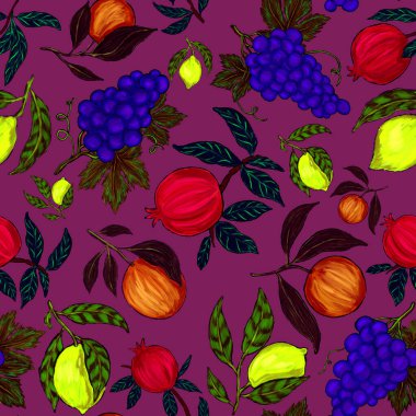 Meyveli, limonlu, portakallı, üzümlü ve narlı yaratıcı kusursuz desen. Yağlı boya etkisi. Parlak yaz baskısı. Her amaç için harika bir tasarım