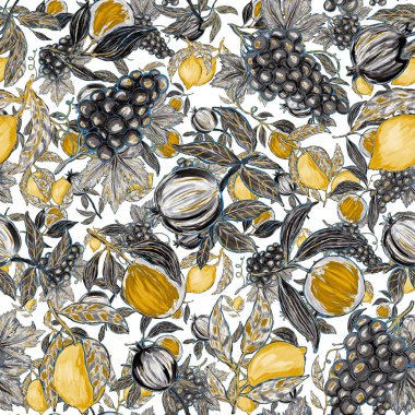 Meyveli, limonlu, portakallı, üzümlü ve narlı yaratıcı kusursuz desen. Yağlı boya etkisi. Parlak yaz baskısı. Her amaç için harika bir tasarım