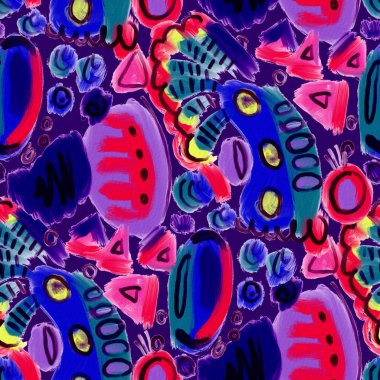 Suluboya, soyut, kusursuz desen. Parlak el yapımı elementlerle yaratıcı doku. Soyut renkli yazdırma.