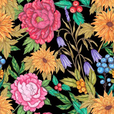 Çiçek buketli suluboya desenli. Klasik botanik çizimi. Her türlü tasarım için zarif bir dekorasyon. Renkli ve soyut çiçekli moda baskısı. Suluboya dokusu.