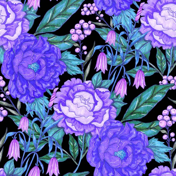 花の花束と水彩シームレスパターン ヴィンテージ植物イラスト どんなデザインにもエレガントな装飾 カラフルな抽象的な花とファッションプリント 水彩の質感 — ストック写真