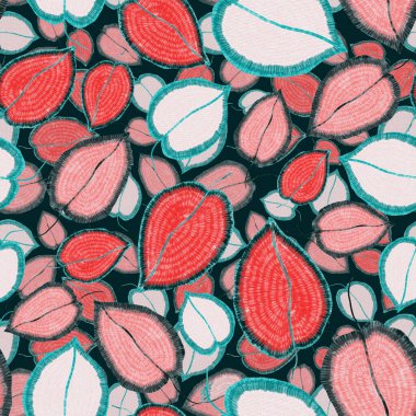 Yaratıcı renkli tropikal yaprakları olan modern, soyut, pürüzsüz desen. Geçmişe dönük parlak yaz geçmişi. Orman yaprakları çizimi. Mayo botanik tasarımı. Antika egzotik baskı.