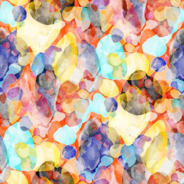 Suluboya, soyut, kusursuz desen. Parlak el yapımı elementlerle yaratıcı doku. Soyut renkli yazdırma.