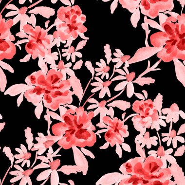 Bahar çiçekleriyle suluboya kusursuz desen. Klasik botanik çizimi. Her türlü tasarım için zarif bir dekorasyon. Renkli ve soyut çiçekli moda baskısı. Suluboya dokusu.