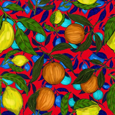 Meyveli, limonlu, portakallı, üzümlü ve narlı yaratıcı kusursuz desen. Yağlı boya etkisi. Parlak yaz baskısı. Her amaç için harika bir tasarım