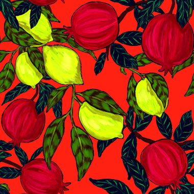 Meyveli, limonlu, portakallı, üzümlü ve narlı yaratıcı kusursuz desen. Yağlı boya etkisi. Parlak yaz baskısı. Her amaç için harika bir tasarım