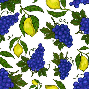 Meyveli, limonlu, portakallı, üzümlü ve narlı yaratıcı kusursuz desen. Yağlı boya etkisi. Parlak yaz baskısı. Her amaç için harika bir tasarım