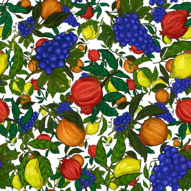 Meyveli, limonlu, portakallı, üzümlü ve narlı yaratıcı kusursuz desen. Yağlı boya etkisi. Parlak yaz baskısı. Her amaç için harika bir tasarım