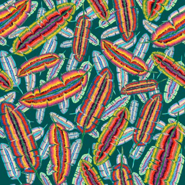 Yaratıcı renkli tropikal yaprakları olan modern, soyut, pürüzsüz desen. Geçmişe dönük parlak yaz geçmişi. Orman yaprakları çizimi. Mayo botanik tasarımı. Antika egzotik baskı.