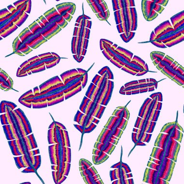 Yaratıcı renkli tropikal yaprakları olan modern, soyut, pürüzsüz desen. Geçmişe dönük parlak yaz geçmişi. Orman yaprakları çizimi. Mayo botanik tasarımı. Antika egzotik baskı.