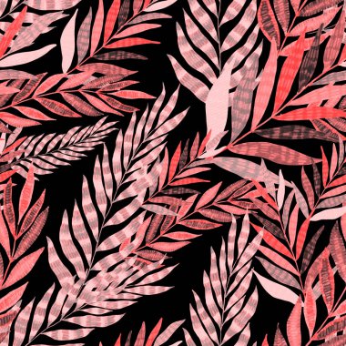 Yaratıcı renkli tropikal yaprakları olan modern, soyut, pürüzsüz desen. Geçmişe dönük parlak yaz geçmişi. Orman yaprakları çizimi. Mayo botanik tasarımı. Antika egzotik baskı.