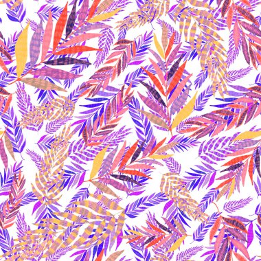 Yaratıcı renkli tropikal yaprakları olan modern, soyut, pürüzsüz desen. Geçmişe dönük parlak yaz geçmişi. Orman yaprakları çizimi. Mayo botanik tasarımı. Antika egzotik baskı.