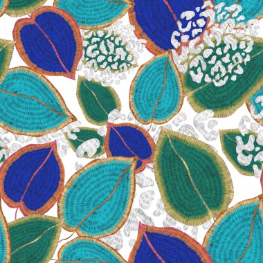 Yaratıcı renkli tropikal yaprakları ve leopar benekleri olan modern soyut ve pürüzsüz desen. Geçmişe dönük parlak yaz geçmişi. Orman yaprakları çizimi. Mayo botanik tasarımı. Antika egzotik baskı.