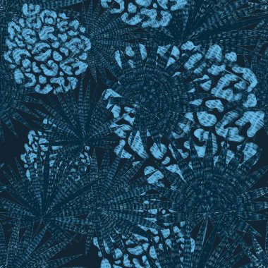 Yaratıcı renkli tropikal yaprakları ve leopar benekleri olan modern soyut ve pürüzsüz desen. Geçmişe dönük parlak yaz geçmişi. Orman yaprakları çizimi. Mayo botanik tasarımı. Antika egzotik baskı.