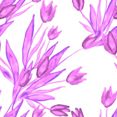 Bahar çiçekleriyle suluboya kusursuz desen. Klasik botanik çizimi. Her türlü tasarım için zarif bir dekorasyon. Renkli ve soyut çiçekli moda baskısı. Suluboya dokusu.