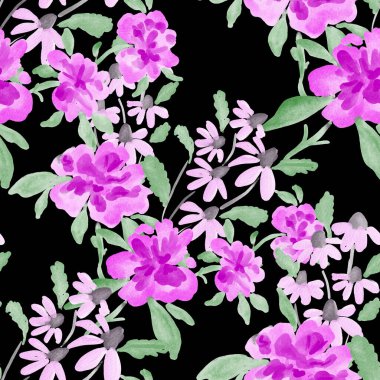 Bahar çiçekleriyle suluboya kusursuz desen. Klasik botanik çizimi. Her türlü tasarım için zarif bir dekorasyon. Renkli ve soyut çiçekli moda baskısı. Suluboya dokusu.