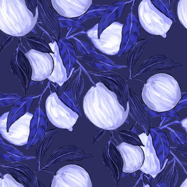 Meyveli, limonlu, portakallı, üzümlü ve narlı yaratıcı kusursuz desen. Yağlı boya etkisi. Parlak yaz baskısı. Her amaç için harika bir tasarım