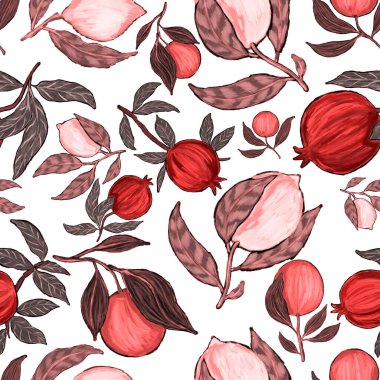 Meyveli, limonlu, portakallı, üzümlü ve narlı yaratıcı kusursuz desen. Yağlı boya etkisi. Parlak yaz baskısı. Her amaç için harika bir tasarım