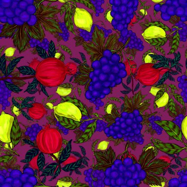 Meyveli, limonlu, portakallı, üzümlü ve narlı yaratıcı kusursuz desen. Yağlı boya etkisi. Parlak yaz baskısı. Her amaç için harika bir tasarım