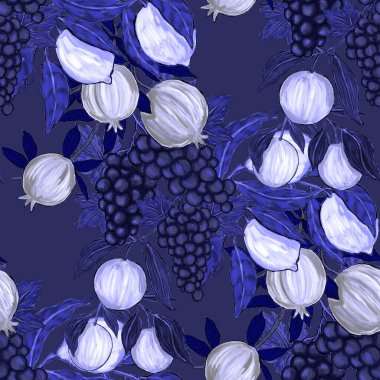 Meyveli, limonlu, portakallı, üzümlü ve narlı yaratıcı kusursuz desen. Yağlı boya etkisi. Parlak yaz baskısı. Her amaç için harika bir tasarım