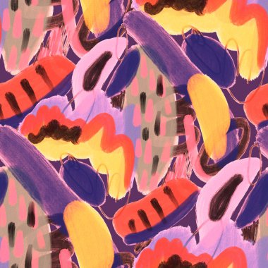 Suluboya, soyut, kusursuz desen. Parlak el yapımı elementlerle yaratıcı doku. Soyut renkli yazdırma.