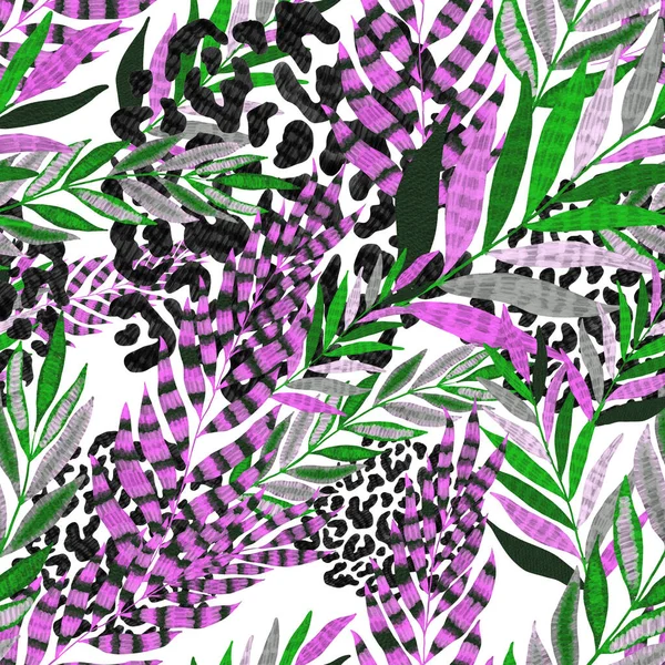 Moderne Abstrakte Nahtlose Muster Mit Kreativen Bunten Tropischen Blättern Und — Stockfoto