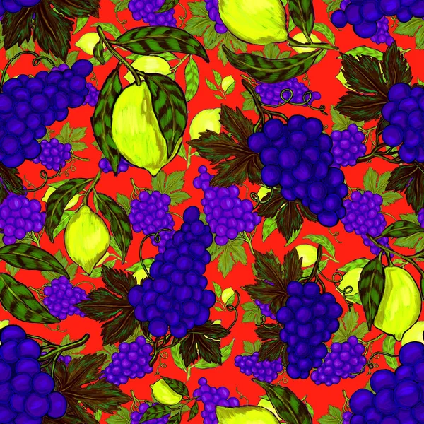 Креативний Безшовний Візерунок Фруктами Лимонами Апельсинами Виноградом Гранатами Ефект Олійної — стокове фото