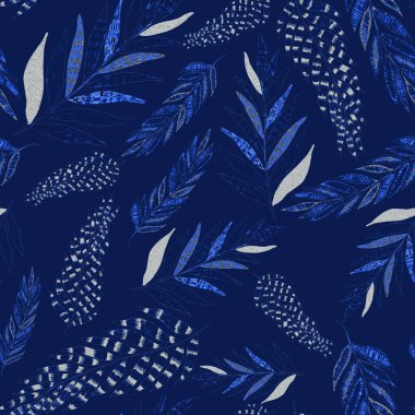 Yaratıcı renkli tropikal yaprakları olan modern, soyut, pürüzsüz desen. Geçmişe dönük parlak yaz geçmişi. Orman yaprakları çizimi. Mayo botanik tasarımı. Antika egzotik baskı.