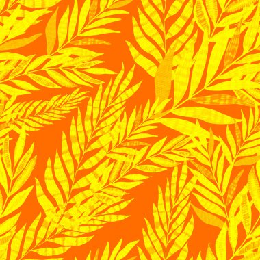 Yaratıcı renkli tropikal yaprakları olan modern, soyut, pürüzsüz desen. Geçmişe dönük parlak yaz geçmişi. Orman yaprakları çizimi. Mayo botanik tasarımı. Antika egzotik baskı.