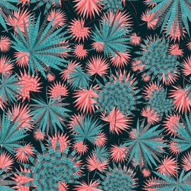 Yaratıcı renkli tropikal yaprakları olan modern, soyut, pürüzsüz desen. Geçmişe dönük parlak yaz geçmişi. Orman yaprakları çizimi. Mayo botanik tasarımı. Antika egzotik baskı.