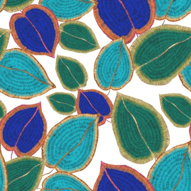 Yaratıcı renkli tropikal yaprakları olan modern, soyut, pürüzsüz desen. Geçmişe dönük parlak yaz geçmişi. Orman yaprakları çizimi. Mayo botanik tasarımı. Antika egzotik baskı.