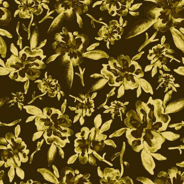 Bahar çiçekleriyle suluboya kusursuz desen. Klasik botanik çizimi. Her türlü tasarım için zarif bir dekorasyon. Renkli ve soyut çiçekli moda baskısı. Suluboya dokusu.