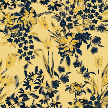 Bahar çiçekleriyle suluboya kusursuz desen. Klasik botanik çizimi. Her türlü tasarım için zarif bir dekorasyon. Renkli ve soyut çiçekli moda baskısı. Suluboya dokusu.
