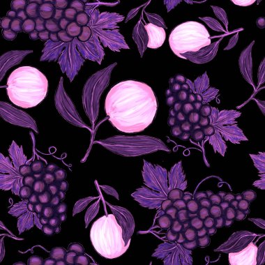 Meyveli, limonlu, portakallı, üzümlü ve narlı yaratıcı kusursuz desen. Yağlı boya etkisi. Parlak yaz baskısı. Her amaç için harika bir tasarım