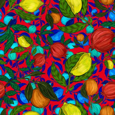 Meyveli, limonlu, portakallı, üzümlü ve narlı yaratıcı kusursuz desen. Yağlı boya etkisi. Parlak yaz baskısı. Her amaç için harika bir tasarım
