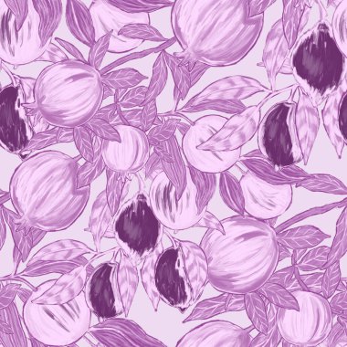 Meyveli, limonlu, portakallı, üzümlü ve narlı yaratıcı kusursuz desen. Yağlı boya etkisi. Parlak yaz baskısı. Her amaç için harika bir tasarım