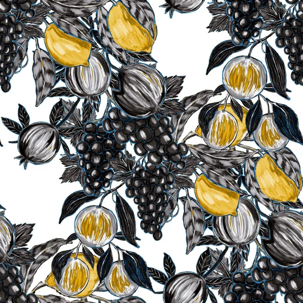 Padrão Sem Costura Criativo Com Frutas Limões Laranjas Uvas Romãs — Fotografia de Stock