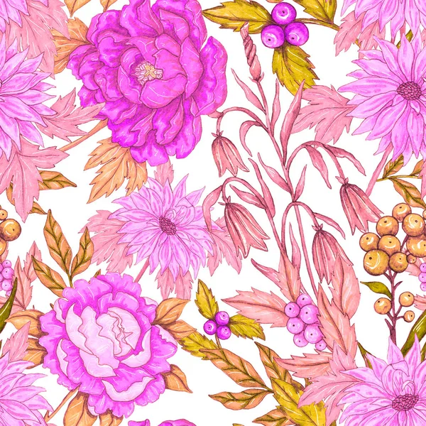 Akvarell Sömlöst Mönster Med Blommiga Buketter Vintage Botanisk Illustration Elegant — Stockfoto