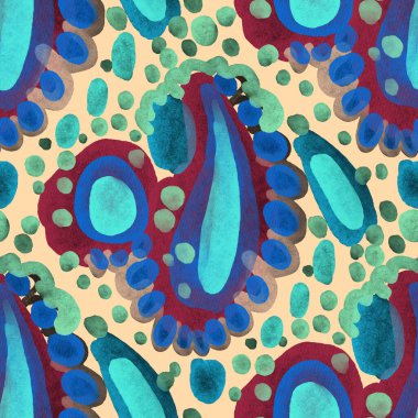 Suluboya, soyut, kusursuz desen. Parlak el yapımı elementlerle yaratıcı doku. Soyut renkli yazdırma.