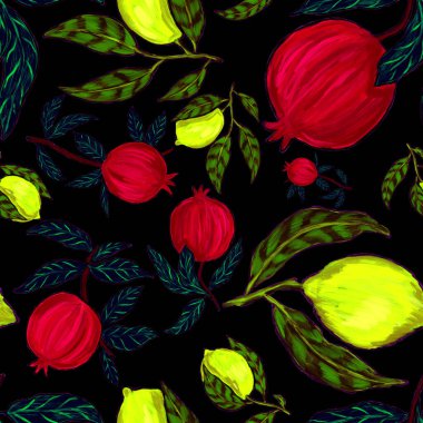 Meyveli, limonlu, portakallı, üzümlü ve narlı yaratıcı kusursuz desen. Yağlı boya etkisi. Parlak yaz baskısı. Her amaç için harika bir tasarım