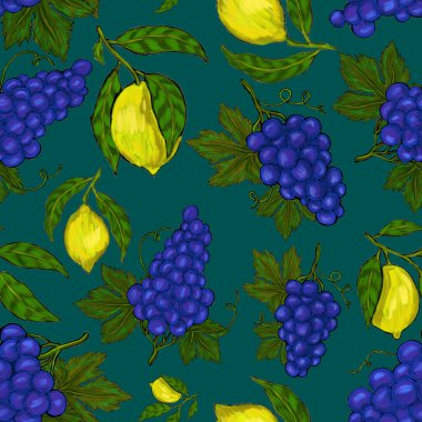Meyveli, limonlu, portakallı, üzümlü ve narlı yaratıcı kusursuz desen. Yağlı boya etkisi. Parlak yaz baskısı. Her amaç için harika bir tasarım