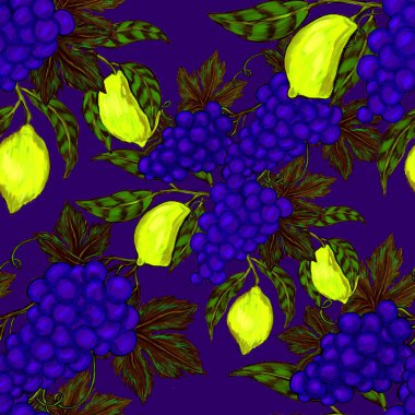 Meyveli, limonlu, portakallı, üzümlü ve narlı yaratıcı kusursuz desen. Yağlı boya etkisi. Parlak yaz baskısı. Her amaç için harika bir tasarım