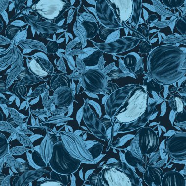 Meyveli, limonlu, portakallı, üzümlü ve narlı yaratıcı kusursuz desen. Yağlı boya etkisi. Parlak yaz baskısı. Her amaç için harika bir tasarım