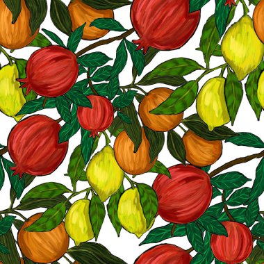 Meyveli, limonlu, portakallı, üzümlü ve narlı yaratıcı kusursuz desen. Yağlı boya etkisi. Parlak yaz baskısı. Her amaç için harika bir tasarım