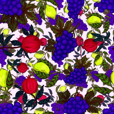 Meyveli, limonlu, portakallı, üzümlü ve narlı yaratıcı kusursuz desen. Yağlı boya etkisi. Parlak yaz baskısı. Her amaç için harika bir tasarım