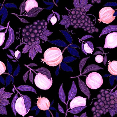 Meyveli, limonlu, portakallı, üzümlü ve narlı yaratıcı kusursuz desen. Yağlı boya etkisi. Parlak yaz baskısı. Her amaç için harika bir tasarım