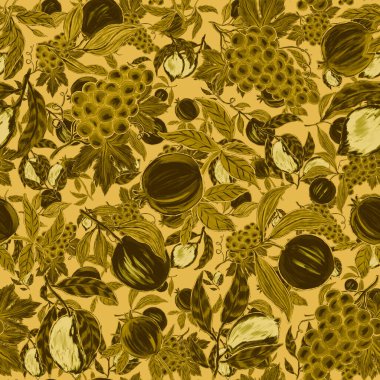 Meyveli, limonlu, portakallı, üzümlü ve narlı yaratıcı kusursuz desen. Yağlı boya etkisi. Parlak yaz baskısı. Her amaç için harika bir tasarım