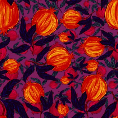 Nar ile yaratıcılığı kusursuz desen. Yağlı boya etkisi. Parlak yaz baskısı. Her amaç için harika bir tasarım